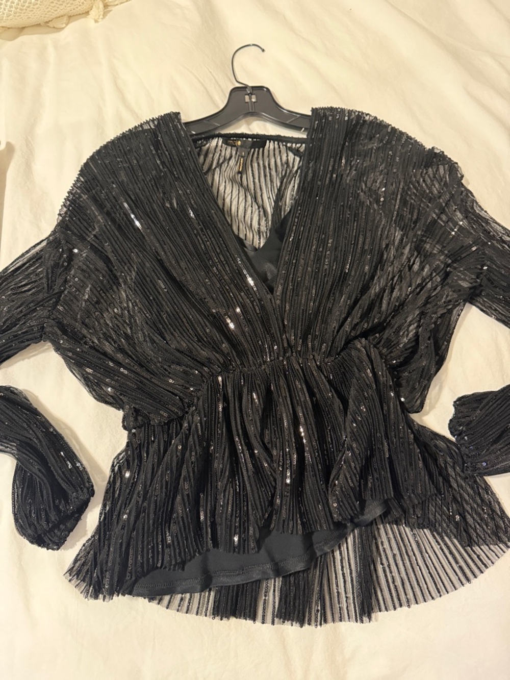 Maje Black Sequined V-Neck Peplum Blouse